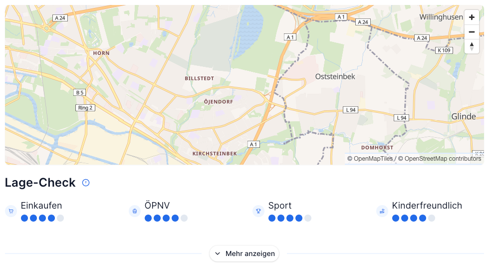 Lage-Check Kompaktansicht mit Karte und Top-Ratings